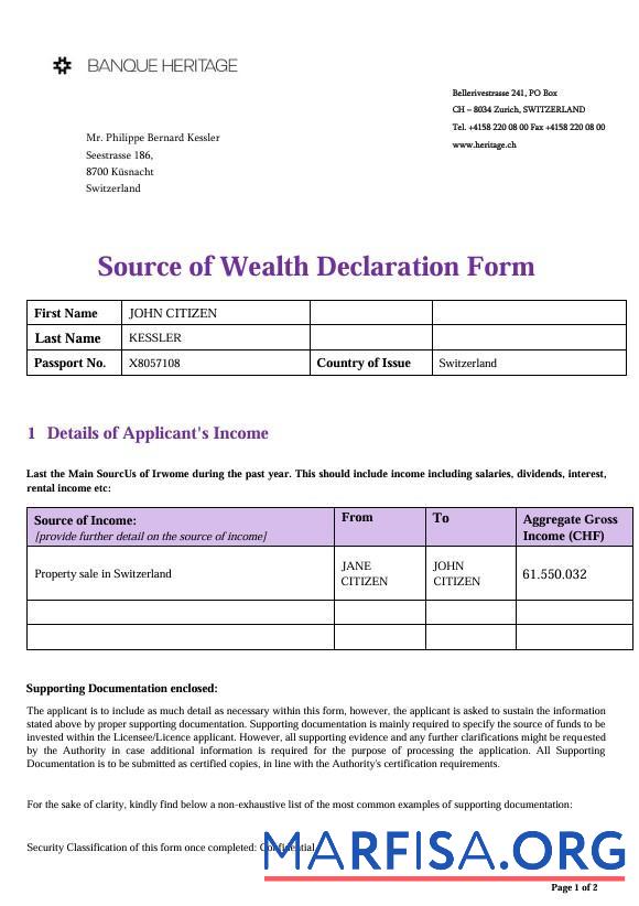 Downloadable Switzerland Source of Wealth Declaration Heritage Bank template